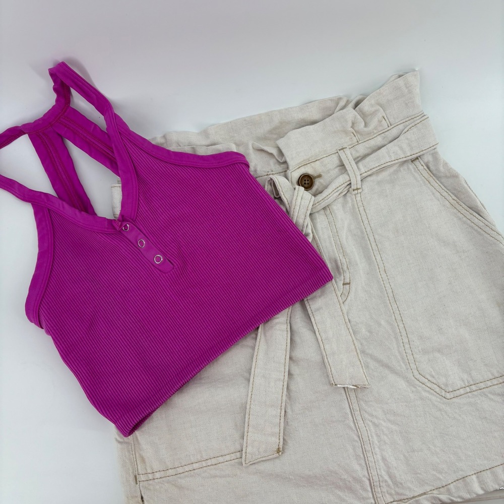 Free People Skirt & Top Set Women 2/XS Beige Magenta Paperbag Ribbed Henley